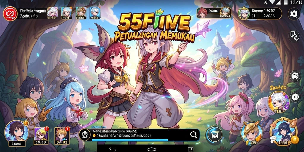 Tampilan gameplay 55FIVE dengan karakter anime yang menarik.