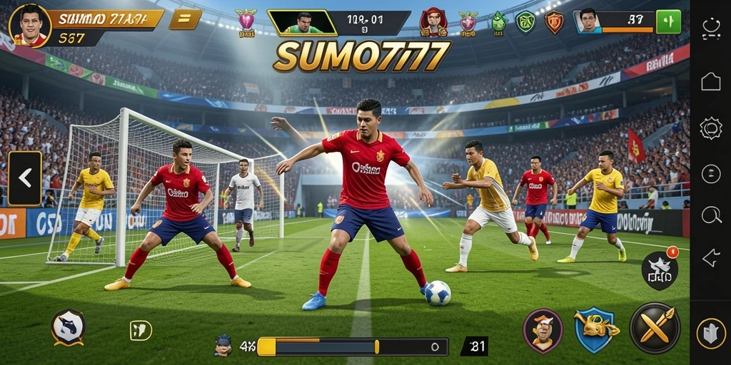 Tampilan gameplay SUMO777 dengan karakter bertanding di arena olahraga.